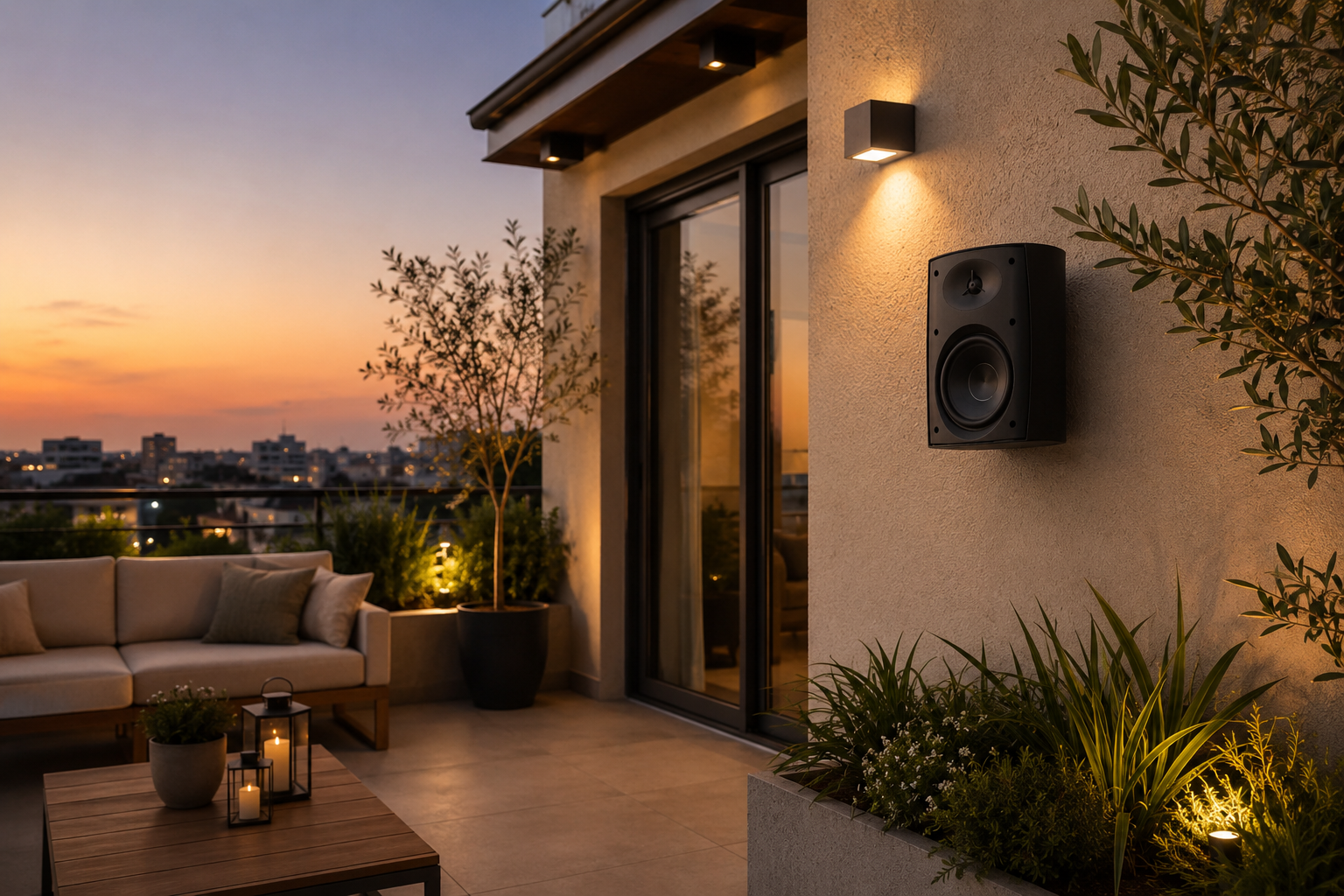 Best outdoor speakers installed on a modern rooftop terrace in Pakistan