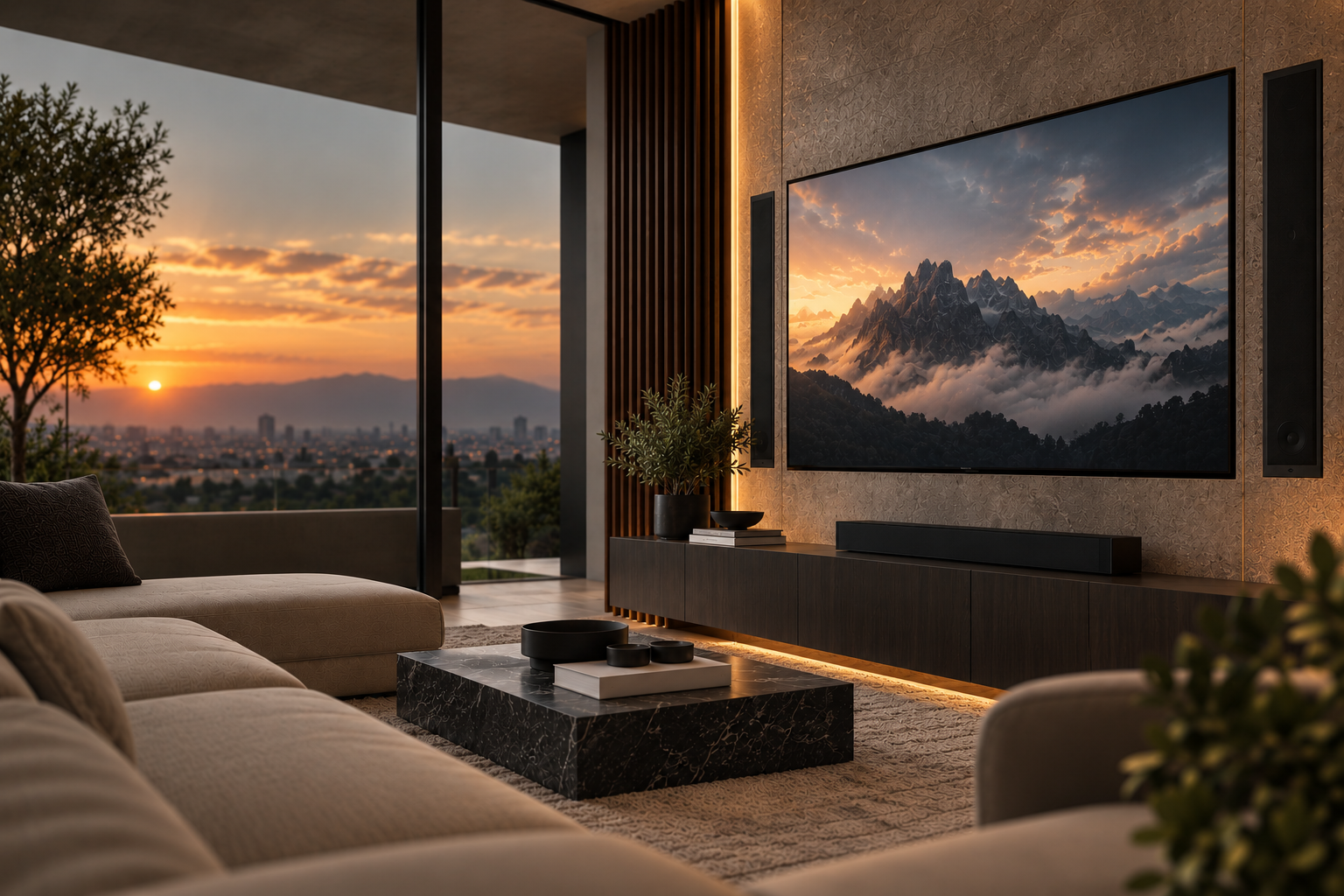 Modern living room with a mounted TV and soundbar, integrated into a wood-panelled wall with a sunset city view through floor-to-ceiling windows