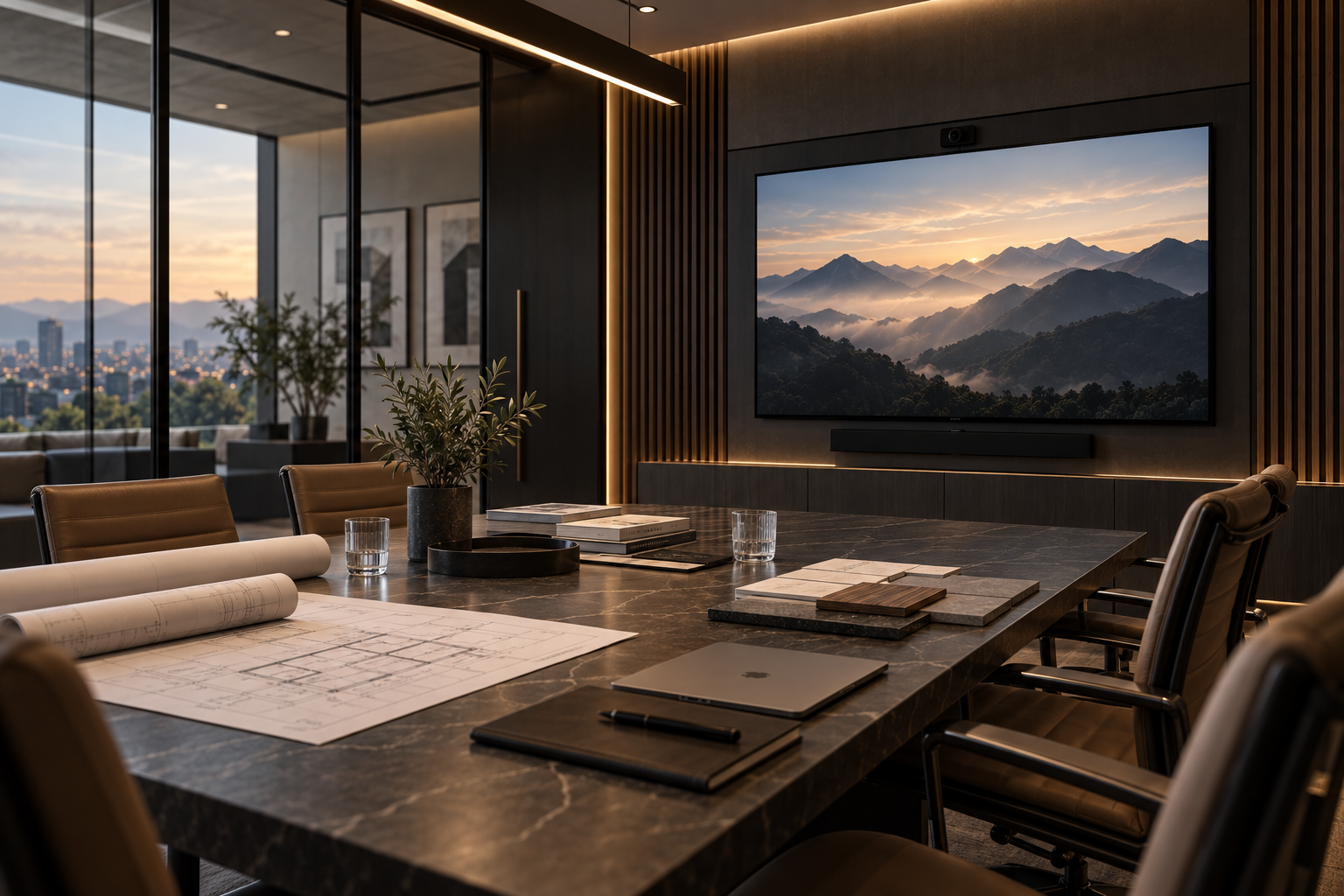 Corporate boardroom with a large wall-mounted display, video conferencing camera, and integrated AV system