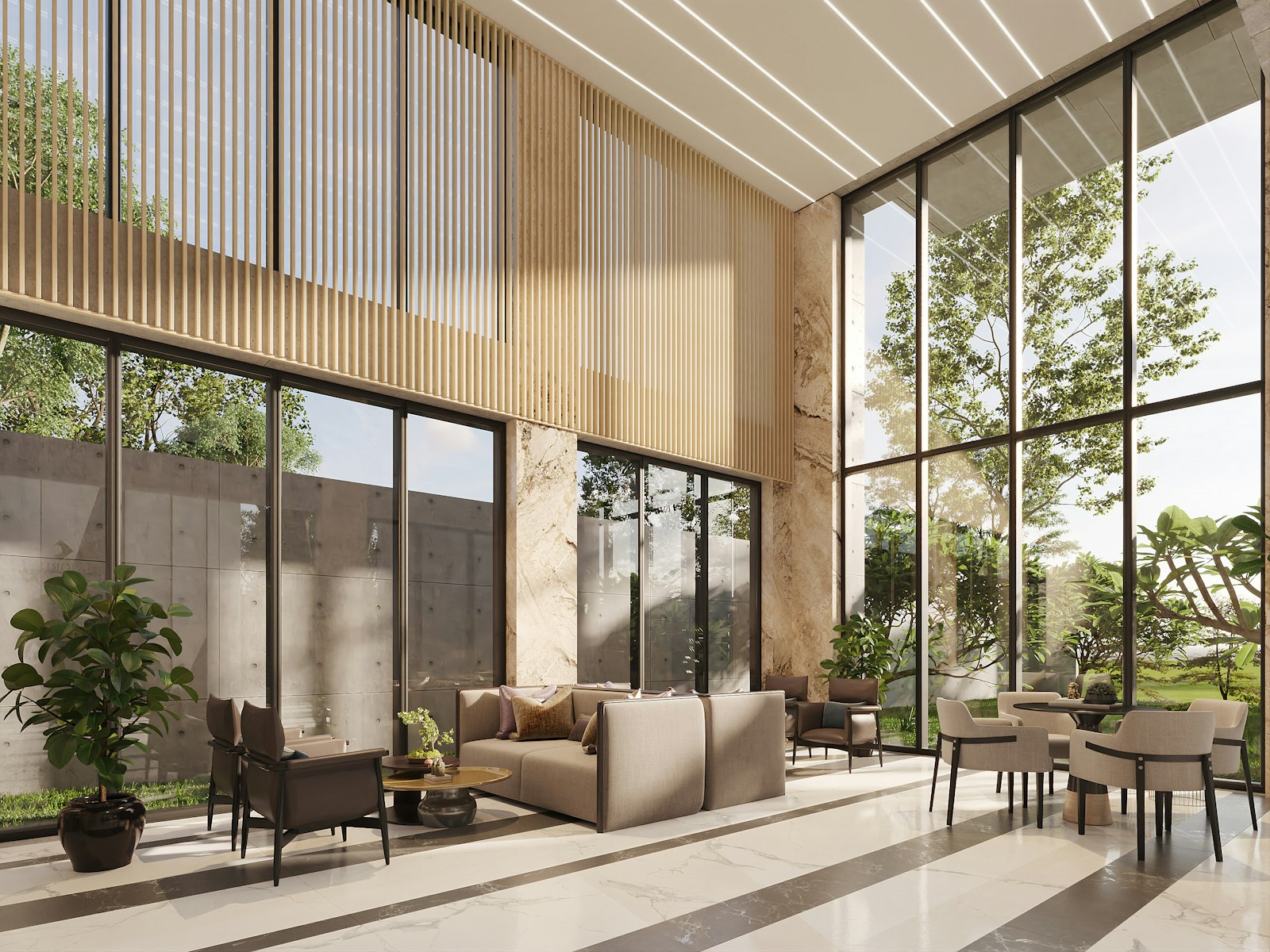 Modern hotel lobby lounge with ambient lighting suited to multi zone background audio
