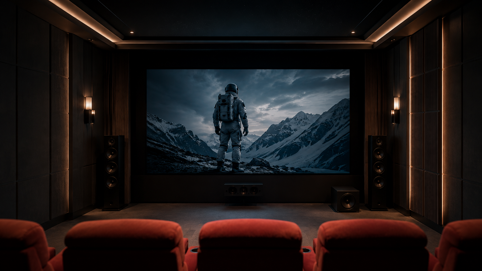 Home cinema screening room with astronaut on screen