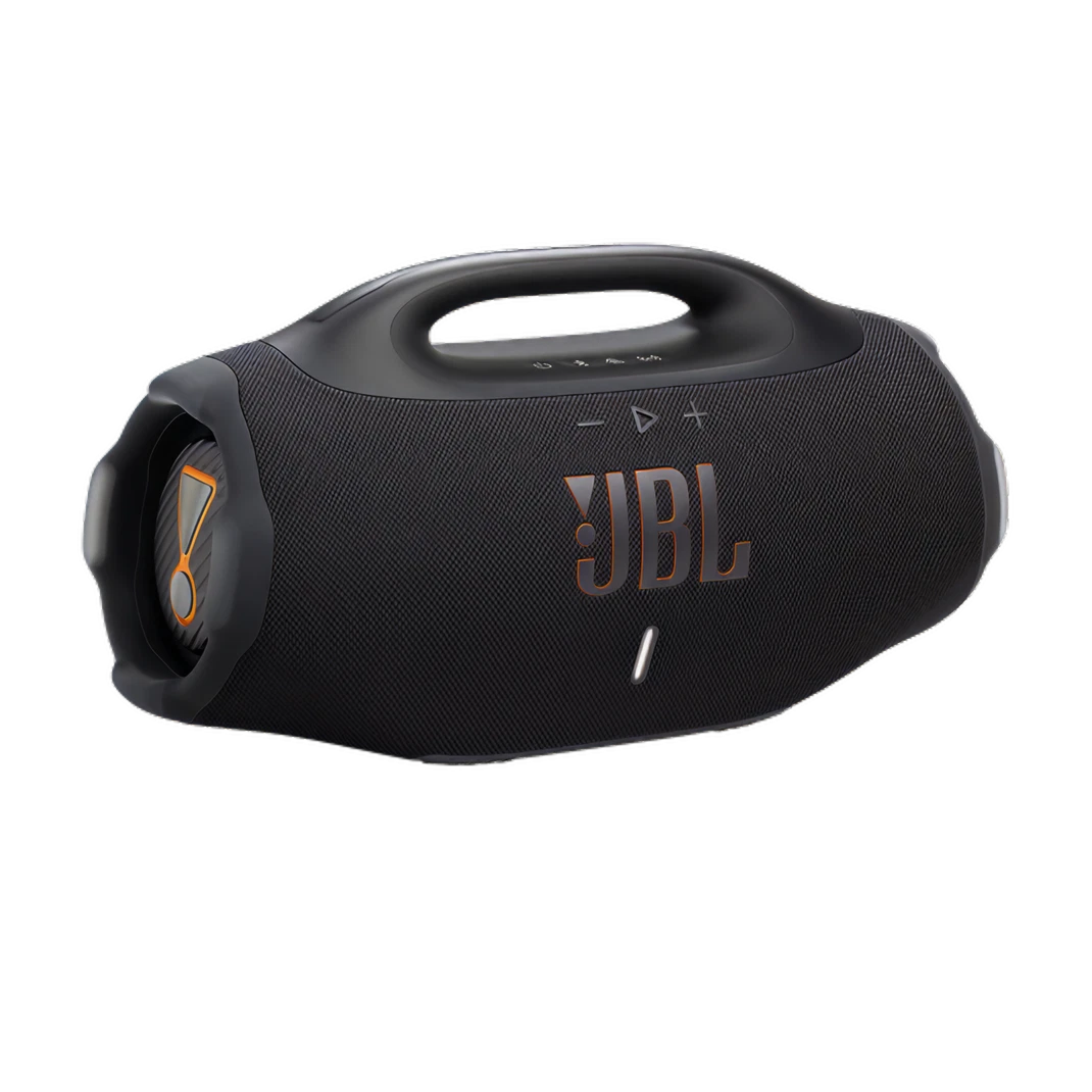 Black JBL portable speaker on a white background