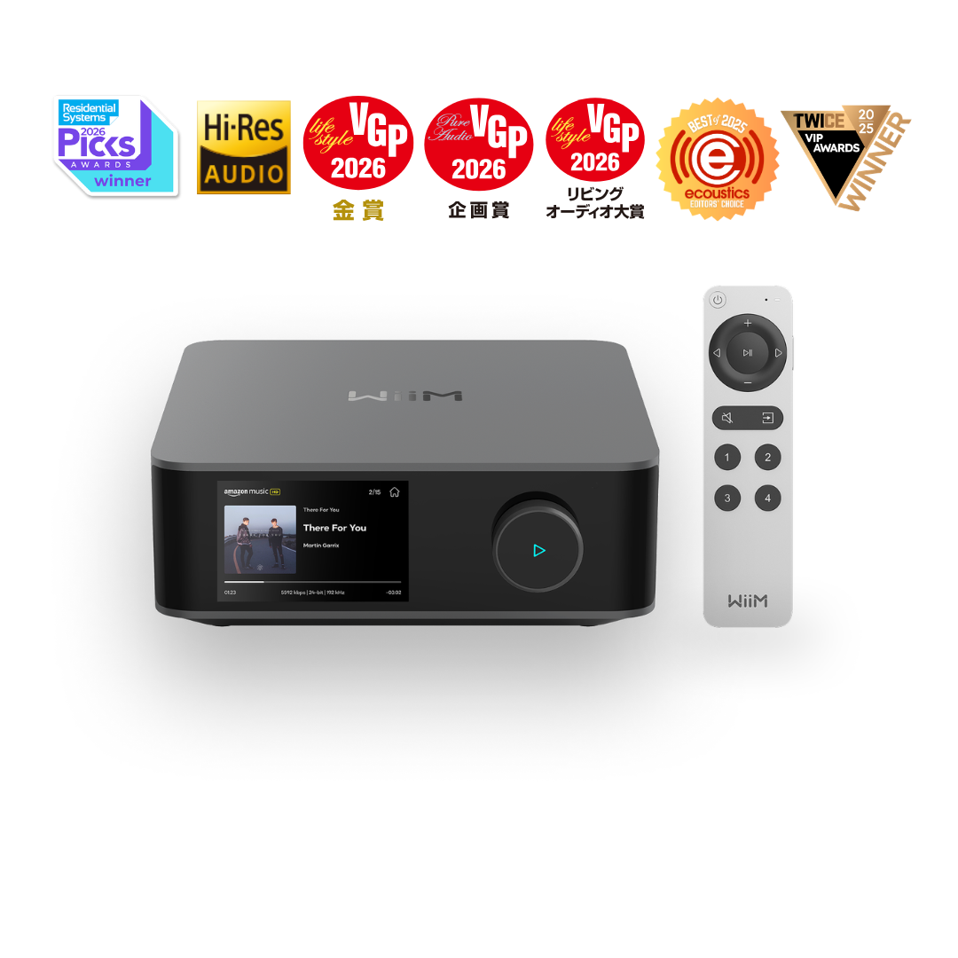 WiiM Amp Ultra Hi-Fi streaming amplifier with touchscreen display
