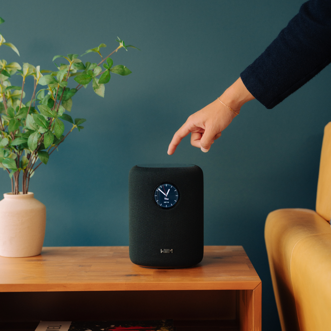 Stereo pair setup of WiiM Sound smart speakers in living room