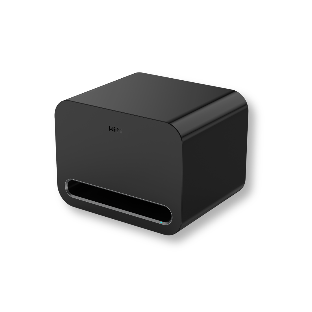 WiiM Sub Pro wireless subwoofer in black for home theater setup